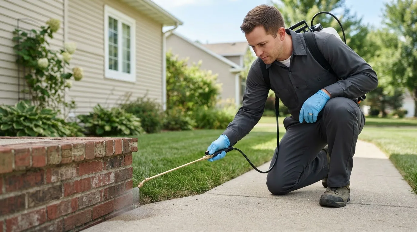Pest control technician treating a home near Chester, CT